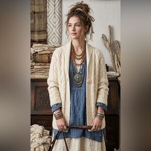 Inis Crafts 100% merino wool Aran Ireland Fisherman‎ shawl cardigan sweater L